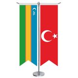 Karakalpakistan Cumhuriyeti Bayrağı ve Türkiye - Kırlangıç - Saten T direk 2li Masa Bayrağı