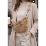 Karan Tuhafiye Peluş Çapraz Askılı Kadın Çanta / Zincir Detaylı / Ayarlanabilir Sap / Astarlı - 35x20 - Açık Deve Tüyü