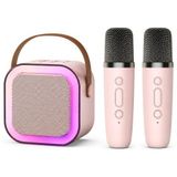 Karaoke Mikrofonu, 2 Mikrofon 1 Hoparlör, Net Pürüzsüz Ses Kalitesi, Bluetooth Bağlantılı, RGB LED Işıklı, Şarjlı, USB TF Type-C Girişli Ev Ofis Parti İçin Pembe Renk Çift Karaoke Mikrofonlu Hoparlör
