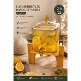 KaraWent Home 2.6 Litre Amber Cam Şerbetlik Musluklu İçecek Dispenseri Bambu Standlı Cam Sebil KRW-39