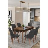 Karba Ceviz 80X132 Açılabilir Sunta Masa Yemek Odası Takımı, Mutfak Takımı 6 Adet Sandalye - Antrasit