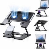 Karbon Çelik 3 In 1 Notebook, Tablet ve Telefon Standı, 12.9-17 Inç Laptop ve Tablet Için 2 Fanlı Soğutuculu Ergonomik Yükseltici, 4.7-12.9 Inç Telefon Tutucu, L07