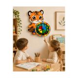 karbonsoft Sevimli Çantalı Kaplan Tiger Montessori Çocuk Odası Eğitici Ahşap Duvar Saati - Sessiz Mekanizma