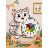 Karbonsoft Sevimli Kedi Montessori Çocuk Odası Eğitici Ahşap Duvar Saati - Sessiz Mekanizma, Şık Tasarım Saat