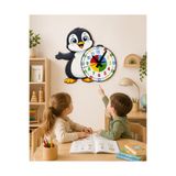 Karbonsoft Sevimli Penguen Montessori Çocuk Odası Eğitici Ahşap Duvar Saati - Sessiz Mekanizma, Şık Tasarım Saat