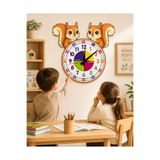 karbonsoft Sevimli Sincap Montessori Çocuk Odası Eğitici Ahşap Duvar Saati - Sessiz Mekanizma, Şık Tasarım Saat