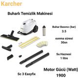 Karcher 1900 Watt ,30 Sn.de Isınan Su ile Sc 3 Easyfix Buharlı Temizlik Makinesi - Beyaz