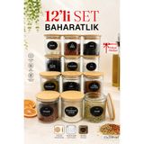 Karçiçeği Home 111 Adet Etiketli, Vakum Kapaklı Ve Kaşıklı 300 Ml 12'li Baharat Takımı 12'li Çizgili Cam Baharatlık Seti – 350 ml Bambu Kapaklı Vakumlu Baharat Saklama Kavanozu Etiketli