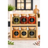 Karçiçeği Home 6’Lı Standlı 300 ml Bambu Kapakli Etiketli Cam BaharatlıK Seti