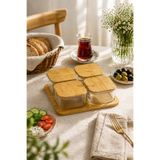 Karçiçeği Home Bambu Kare 400ml 4’lü Kahvaltılık Seti Cam Vakum Kapaklı Tepsili 9 Parça Sunum İkramlık