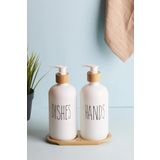 Karçiçeği Home Lotion 2’li Beyaz Mutfak Sıvı Sabunluk Seti 500ml+500ml Bambu Tepsili
