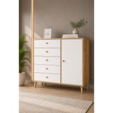 Kardelahome Kardela Premium Mdf Şifonyer 5 Çekmeceli Kapaklı Dolaplı Beyaz Atlantik Çam