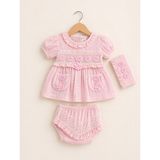 Kardeşler Bebe Çiçek Nakışlı Kız Bebek Takım 3 Parça Yazlık Pamuklu Elbise Şort & Bandana - 0 - 3 Ay - Pembe