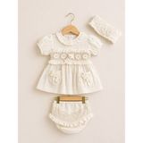 Kardeşler Bebe Çiçek Nakışlı Kız Bebek Takım 3 Parça Yazlık Pamuklu Elbise Şort & Bandana - 3 - 6 Ay - Bej