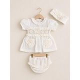 Kardeşler Bebe Çiçek Nakışlı Kız Bebek Takım 3 Parça Yazlık Pamuklu Elbise Şort & Bandana - 3 - 6 Ay - Ekru