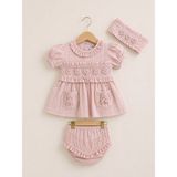Kardeşler Bebe Çiçek Nakışlı Kız Bebek Takım 3 Parça Yazlık Pamuklu Elbise Şort & Bandana - 6 - 9 Ay - Pudra