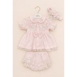 Kardeşler Bebe Dantel Detaylı Fiyonklu Kız Bebek Takım 3 Parça Yazlık Pamuklu Elbise Şort & Bandana - 0 - 3 Ay - Pembe