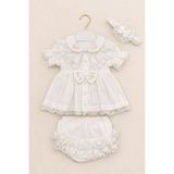 Kardeşler Bebe Dantel Detaylı Fiyonklu Kız Bebek Takım 3 Parça Yazlık Pamuklu Elbise Şort & Bandana - 6 - 9 Ay - Ekru