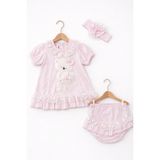 Kardeşler Bebe Dantelli Ayıcıklı Kız Bebek Elbise Takım – Saç Bantlı 3’lü Set - 0 - 3 Ay - Pembe