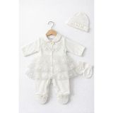 Kardeşler Bebe Dantelli Patikli Tulum Seti (Bere & Eldivenli) - Ekru - 3 - 6 Ay