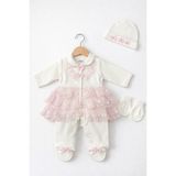 Kardeşler Bebe Dantelli Patikli Tulum Seti (Bere & Eldivenli) - Pembe - 3 - 6 Ay