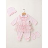 Kardeşler Bebe Dantelli Patikli Tulum Seti (Bere & Eldivenli) - Pembe - 6 - 9 Ay