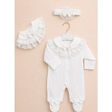 Kardeşler Bebe Fiyonk ve Dantel Detaylı Çıkarılabilir Yaka Kız Bebek Patikli Tulum + Saç Bandı - Ekru - 3 - 6 Ay