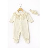 Kardeşler Bebe Fiyonk ve Dantel Detaylı Çıkarılabilir Yaka Kız Bebek Patikli Tulum + Saç Bandı - Ekru - 6 - 9 Ay
