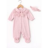 Kardeşler Bebe Fiyonk ve Dantel Detaylı Çıkarılabilir Yaka Kız Bebek Patikli Tulum + Saç Bandı - Pembe - 6 - 9 Ay