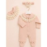 Kardeşler Bebe Fiyonk ve Dantel Detaylı Çıkarılabilir Yaka Kız Bebek Patikli Tulum + Saç Bandı - Pudra - 3 - 6 Ay