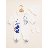 Kardeşler Bebe Kedi Nakışlı Kız Bebek Tulum Seti (Eldiven + Şapka) - Ekru - Mavi - 0 - 3 Ay