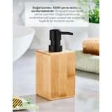 Kare Ahşap Bambu Sıvı Sabunluk Siyah Plastik Pompa Çap: 8cm - Y: 11CM