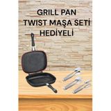 Kare Double Grıll Pan 34 Cm Kare Çift Taraflı Tava Twıst 3 Parça Maşa Seti