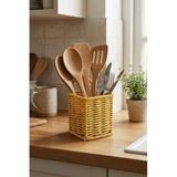 Kare Hasır Dokulu Plastik Rattan Kaşıklık Ve Çatallık, Askılı Kendiliğinden Tutmalı Çok Amaçlı Mutfak Organizeri, 10X10x14 Cm