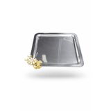 Kare Metal Tepsi, Gümüş Renk, Altın Çiçek Detaylı, 22x22 cm, 1 Adet