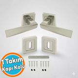 Kare Rozetli Nikel İnox Oda Kapı Kolu (1 Takım: 2 Adet Kol + 2 Adet Rozet + Bağlantı Demiri)