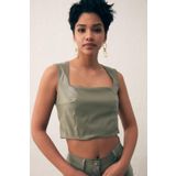 Kare Yaka Deri Crop Bluz - ÇAĞLA YEŞİLİ