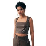 Kare Yaka Deri Crop Bluz - KOYU KAHVE
