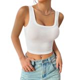 Kare Yaka Düşük Sırtlı Beyaz Renk Fitilli Crop Top Bluz (Beyaz, M)