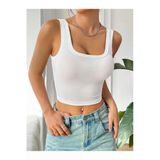 Kare Yaka Düşük Sırtlı Beyaz Renk Fitilli Crop Top Bluz