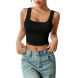 Kare Yaka Düşük Sırtlı Siyah Renk Fitilli Crop Top Bluz (Siyah, M)