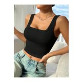 Kare Yaka Düşük Sırtlı Siyah Renk Fitilli Crop Top Bluz