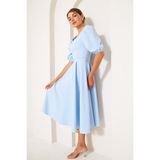 Kare Yaka Kısa Balon Kol Kolları Lastikli Dokuma Dökümlü Kumaş Midi Boy Elbise - 54 - Bebe Mavisi