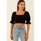 KARE YAKA KISA YARIM KOL FIRFIR DETAYLI CROP BLUZ SİYAH FRR12