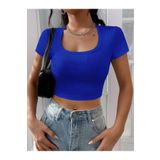 Kare Yaka Mavi Renk Fitilli Kısa Kollu Slim Fit Crop Top Bluz