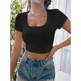 Kare Yaka Siyah Renk Fitilli Kısa Kollu Slim Fit Crop Top Bluz