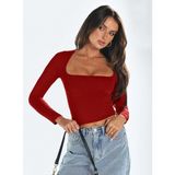 Kare Yaka Uzun Kollu Crop Bluz – Esnek Kumaş, Modern Stil - Bordo