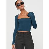 Kare Yaka Uzun Kollu Crop Bluz – Esnek Kumaş, Modern Stil - XL - Lacivert