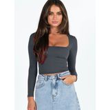 Kare Yaka Uzun Kollu Crop Bluz – Esnek Kumaş, Modern Stil - XS - Füme