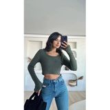 Kare Yaka Uzun Kollu Crop Bluz, Parmak Geçmeli